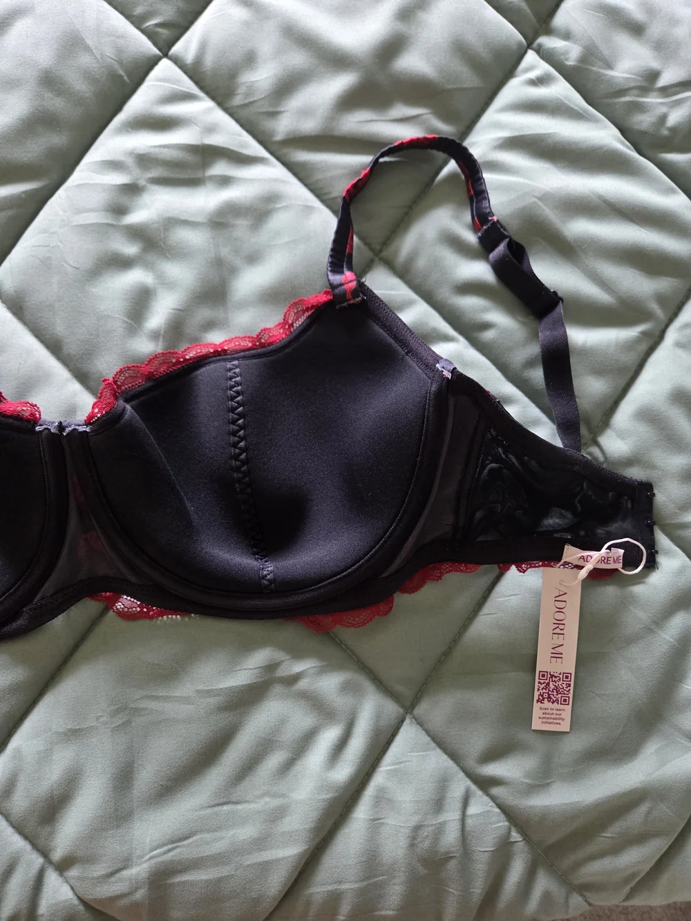 Adore Me Black Balconette Bra with Red Kiss Print